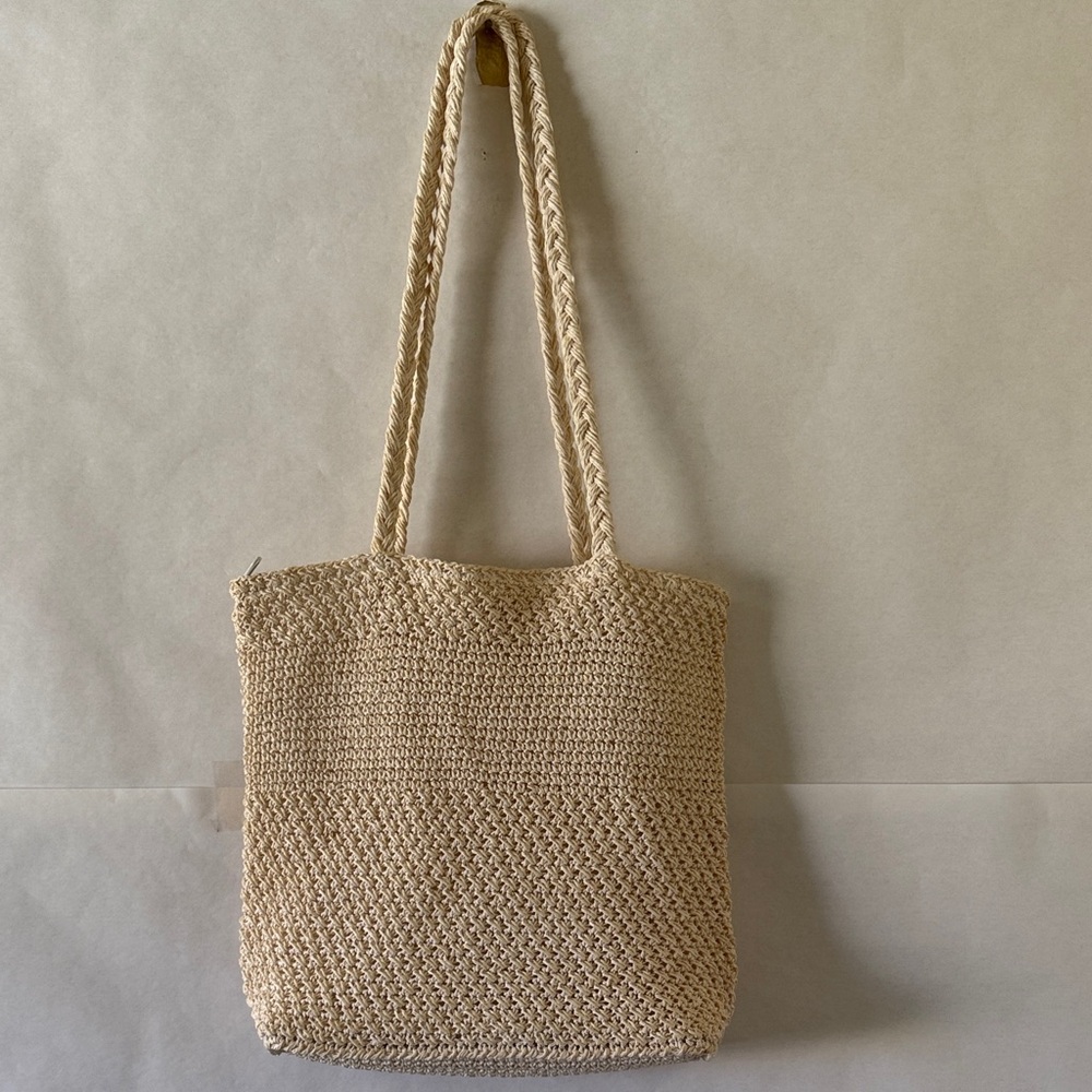 Woven Cream Crochet Shoulder Tote Bag Pastel Floral Embroidered Cottagecore - Picture 6 of 12